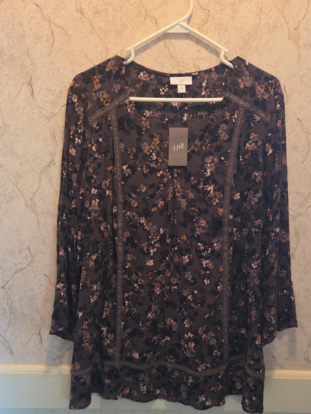 J. Jill Black Floral Open-Front Tunic with Lace Trim